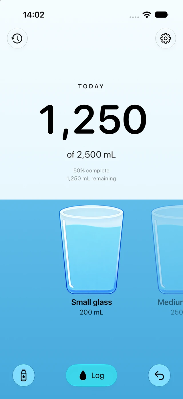 Actual Watersum iPhone screenshot showing 1,250 of 2,500 mL and the container carousel.
